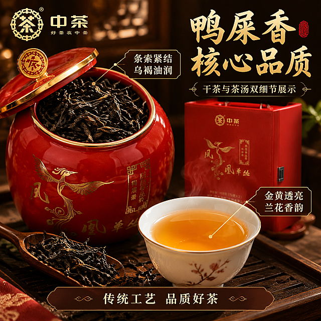 [主图-3] 细节与茶汤展示 中茶凤凰单丛鸭屎香 干茶与茶汤微距细节 沉浸式品茶氛围
[统一基调] 整体风格为沉浸式氛围感新中式高级感 暖调暗调光影 主色调为中国红与深木色搭配暖金色点缀 标题字色为暖金色 辅助字色为米白色 强调色为中国红 字体为粗衬线书法体标题搭配细黑体辅助文 卡片样式为半透明深棕色圆角悬浮条 整体质感高端典雅
[画面] 画面采用分镜式布局 上方为红色瓷罐开盖特写 罐口露出条索紧结的乌褐色单丛干茶 干茶带有光泽 占画面上方约40% 下方右侧为一只白瓷茶杯 杯中盛有金黄透亮的茶汤 茶汤表面有淡淡热气升腾 杯旁放一小勺干茶 占画面下方约40% 背景为深色木质茶盘 虚化处理 暖光从侧上方打下 茶汤通透有光泽 干茶纹理清晰可见 左上角中茶Logo 用金色细引线分别指向干茶和茶汤 干茶旁标注"条索紧结 乌褐油润" 茶汤旁标注"金黄透亮 兰花香韵"
[光影质感] 商业微距摄影质感 暖调侧光 突出干茶纹理和茶汤通透感 热气袅袅增加氛围感 瓷罐内壁红色温润 茶汤有高光反射
[配色] 主色中国红 深木色 金黄茶汤色 暖金色文字 米白辅助色
[文字版式] 左上角中茶Logo 右上方主标题"鸭屎香 核心品质" 标题下方小字"干茶与茶汤双细节展示" 两个细节标注用金色引线引出 文字为米白色 底部半透明悬浮条写"传统工艺 品质好茶" 主标题最大最粗
[输出要求] 800*800 1:1比例 文字清晰可读 产品清晰完整不变形 无错字 无水印 无平台Logo 禁止杂乱 禁止茶汤溢出不自然