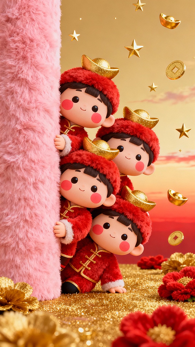 三个穿着红色毛绒唐装、头戴金色元宝帽的可爱卡通娃娃，脸颊带着红晕，堆叠在一起从粉色毛绒柱子后探出头，背景是渐变的金色和红色天空，点缀着金色星星和元宝形状的装饰，地面是金色和红色的毛绒花朵，整体保持柔软细腻的毛绒质感，营造出喜庆、富贵的发财氛围。