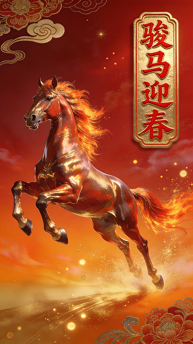 鎏金骏马腾跃于祥云之间，融合国潮风与重拟物手法，光影流动间尽显中式古典之美，喜庆氛围中透出梦幻体积感，迎春贺岁，民族气韵十足。