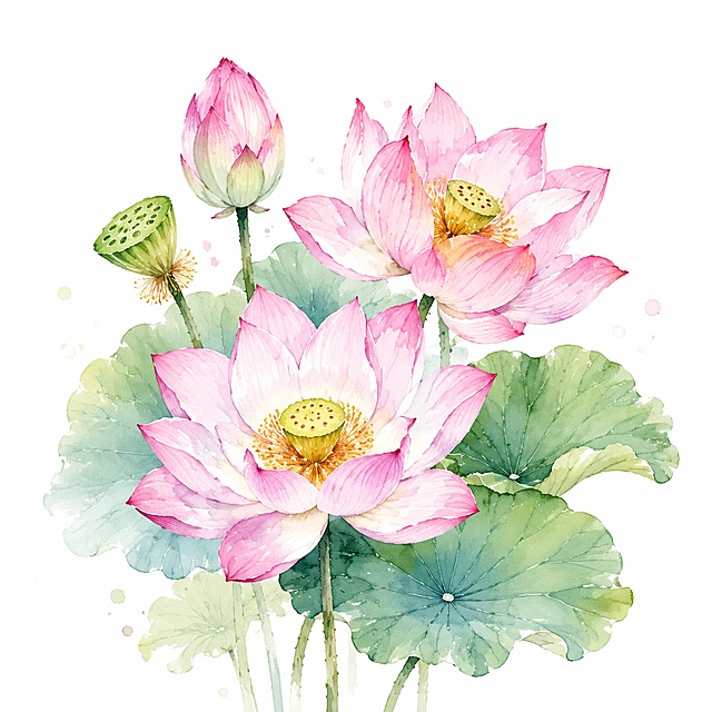 参考原图紫丁香花的水彩手绘风格，生成莲花素材，保留清新淡雅水彩质感，自然清新色调，适合包装设计使用，无文字