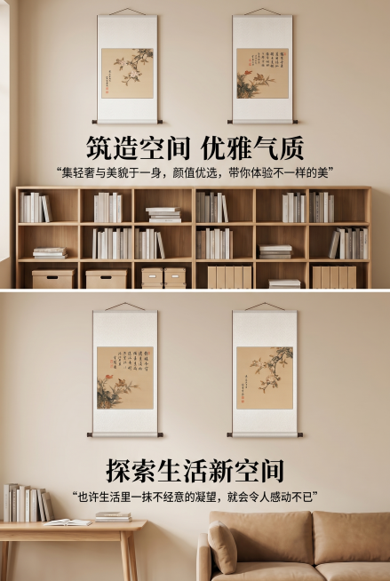 2:3 竖版电商详情图，新中式简约国风风格，高清 8K 画质，上下分栏排版。画面上半部分为书房场景：左右对称展示两幅挂画，悬挂在原木书架前的浅米色墙面，搭配书籍与收纳盒；场景下方居中放置黑色大号主标题预览效果