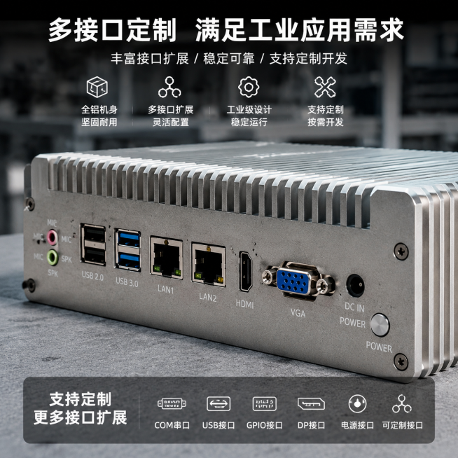 铝型材工控机箱接口特写，突出多接口定制卖点，工业灰色调，工厂实力风，清晰展示VGA、网口等接口细节预览效果
