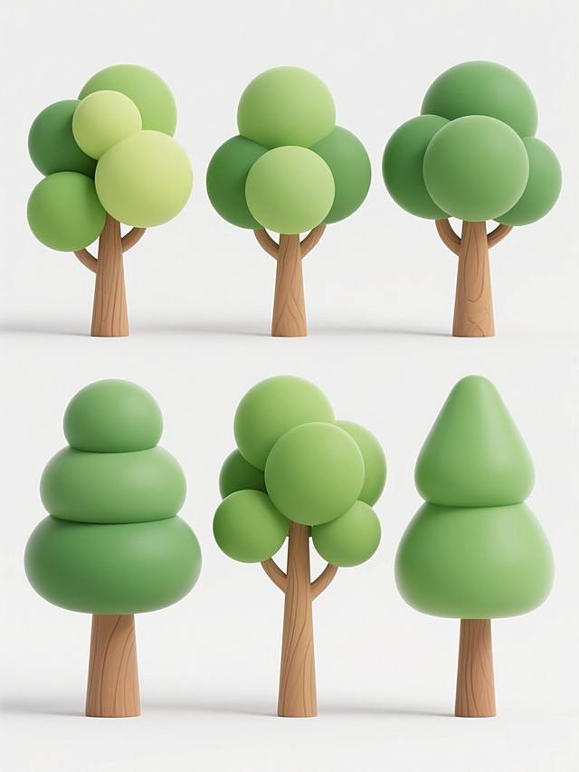 6棵不同样式、不同品种、不同外观的树，排列整齐，白色背景，3d卡通风，每棵树都有圆润饱满的树冠，树干呈现出自然的木质纹理，树冠由多层绿色圆形叶片组成，色彩从浅绿到深绿渐变，整体风格可爱、卡通，具有立体感和层次感。