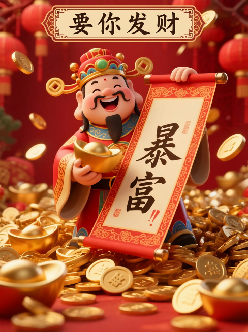3D渲染风格，红色喜庆场景，喜笑颜开的财神爷，周围堆满金光闪闪的钱币，财神爷手持展开的画幅，画幅上有“暴富”书法字，画幅边缘有国潮风格边框，边框内写着“要你发财”狂放手写字，整体画面充满节日喜庆氛围，预览效果