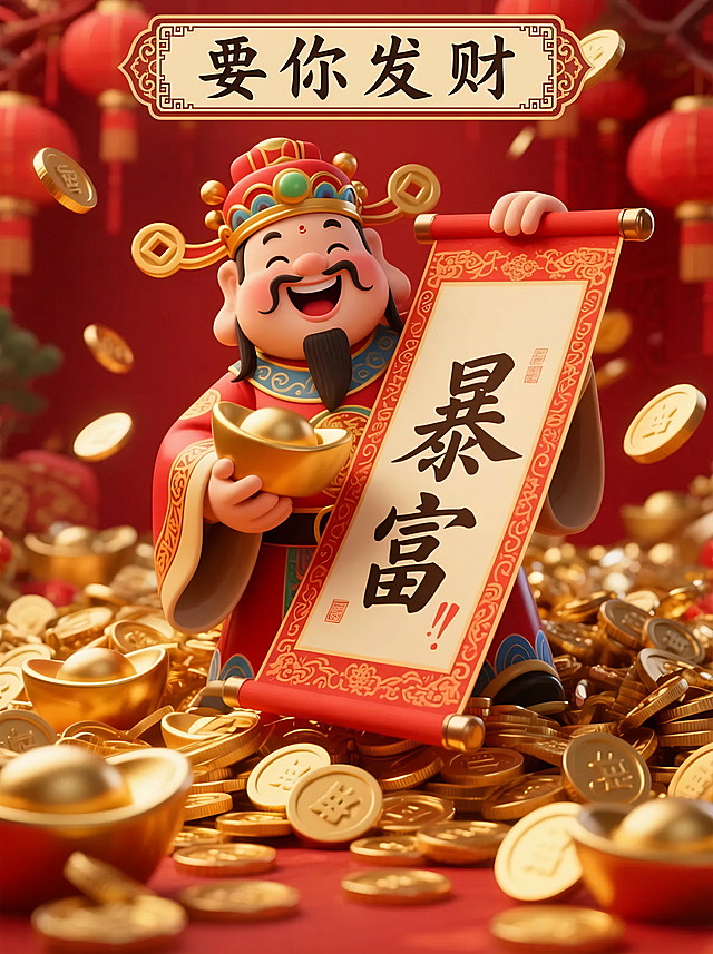 3D渲染风格，红色喜庆场景，喜笑颜开的财神爷，周围堆满金光闪闪的钱币，财神爷手持展开的画幅，画幅上有“暴富”书法字，画幅边缘有国潮风格边框，边框内写着“要你发财”狂放手写字，整体画面充满节日喜庆氛围，色彩鲜艳，细节丰富，超清画质