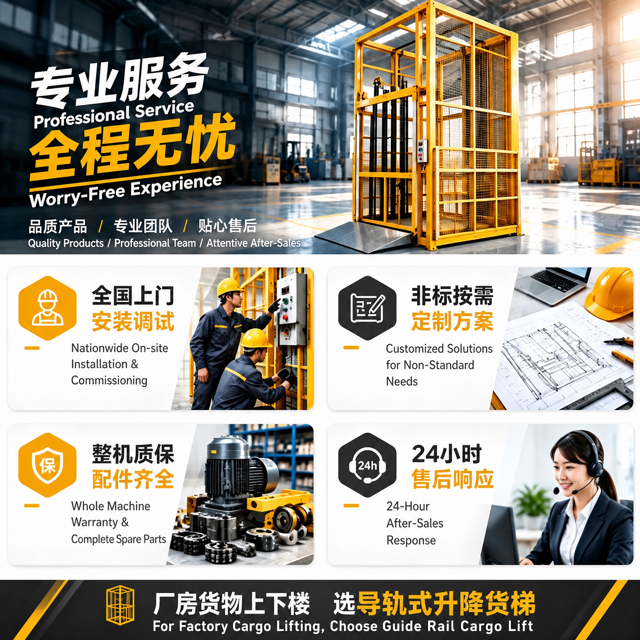 基于这张工业升降货梯宣传图进行文字翻译修改：将图片中所有中文文… - 图片创意预览