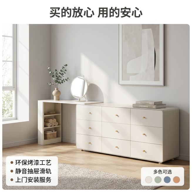 [主图 5] 奶白色钢制梳妆台斗柜选购信息展示，现代极简风格。[氛围风格] 简约干净高级氛围感，质感家居风。[画质] 商业摄影质感、光线柔和通透、产品清晰真实、画面干净高级。[元素] 产品全景展示在简预览效果