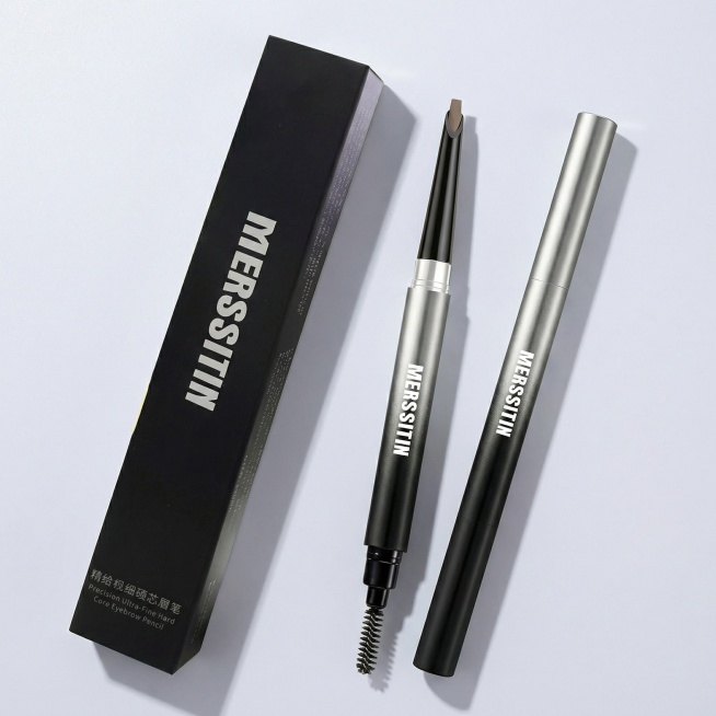 将图2中的MERSITIN眉笔及包装盒，替换到图1的布局场景中，保持图1的浅灰色背景、光影效果和摆放角度，产品主体细节完整保留，整体风格统一协调预览效果