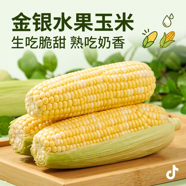 「图片1」「图片1」「图片1」「图片1」「图片1」，生成一套主图（5张），商品名称是金银水果玉米，卖点是生吃脆甜，熟吃奶香适配抖音平台，主图比例为1:1预览效果