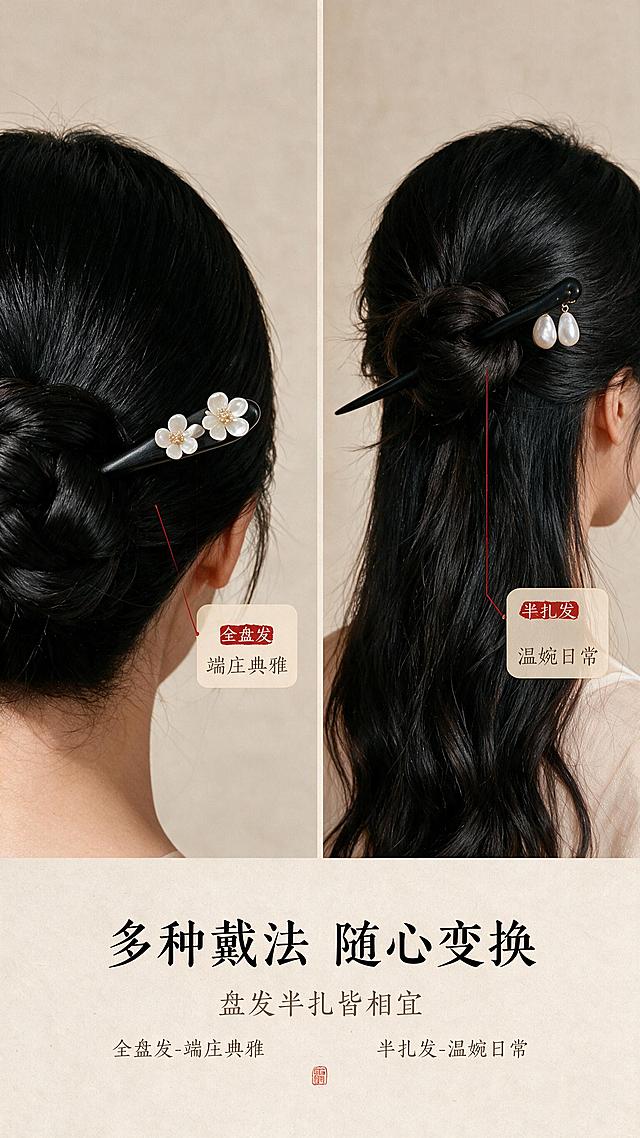 [商品] 使用【图1】中的白色双花款与珍珠吊坠款发簪；保留发簪造型、黑色檀木、白色花朵与珍珠的颜色质感；商品处理：佩戴在真实头发上，角度自然真实。
[画面] 目标：佩戴效果展示，不同发型搭配示范。构图：左右分屏，左侧展示全盘发佩戴白色双花款，右侧展示半扎发佩戴珍珠吊坠款，底部留白放文字。人物为亚洲女性，只展示后脑勺与侧面头发，不露出全脸。景别：头部特写。阅读动线：从上至下。场景：柔和室内光，浅米色背景，头发乌黑有光泽，发簪清晰可见。
[视觉] 套系策略：风格=东方雅致国风商业摄影；标题字=宋体衬线粗体；正文字=简洁宋体；主色=米杏色+墨黑色；背景延展=基于米杏色麻布质感做深浅层级、同色渐变和细腻织物纹理；强调色=朱砂红，仅用于小面积印章、引线和标签；标题色=墨黑色；正文色=深棕灰色；组件=细线引线、圆角浅底信息卡、朱砂红印章元素；光影=正面暖柔光，发丝有光泽，温润质感。
[文字] 底部放主标题"多种戴法 随心变换"，副标题"盘发半扎皆相宜"，两侧各配说明：全盘发-端庄典雅、半扎发-温婉日常；文字横向排版，不遮挡发簪与发型。
[规格] 图片比例9:16竖版，2K分辨率，避免变形、错字、文字过小、发簪佩戴不自然、头发质感差。