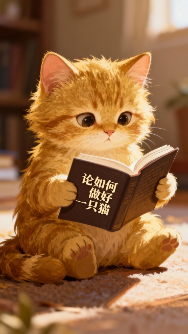 一只金色的小猫咪，毛茸茸的，在认真的捧着一本书看，书上有名字“论如何做好一只猫”预览效果