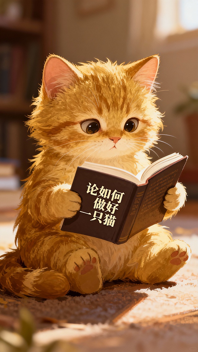 一只金色的小猫咪，毛茸茸的，在认真的捧着一本书看，书上有名字“论如何做好一只猫”