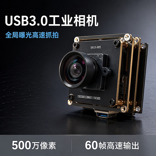 [主图-1] USB3.0工业相机模组产品首图，展示核心性能优势
[氛围风格] 专业科技感，精密工业产品视觉
[画质] 商业摄影质感，光线通透层次丰富，产品清晰真实，画面干净高级
[元素] USB3.0工业相机模组居中展示，产品主体占比约70%，黑色模组搭配金色结构件，保持产品外观物理结构材质质感颜色与输入产品图一致，杜绝任何变形和色差，精细化处理；背景采用渐变深灰科技感背景，带有轻微网格纹理增加精密感，左侧预留文字负空间不遮挡主体
[光影] 主光从左前方打亮产品轮廓，辅光从右后方勾勒金边，底部加柔和投影，突出产品立体感和金属材质质感，高光不溢出暗部有层次
[配色] 主色调深灰科技背景，搭配产品本身黑金配色，文字采用白色和浅蓝色对比清晰
[视角构图] 45度斜侧平视取景，产品居中，景深适中，轮廓完整不裁切
[文字版式] 左上角负空间左对齐留安全边距，大字主文案写"USB3.0工业相机"，白色最大号粗体无衬线；辅助文案写"全局曝光高速抓拍"，约一半字号浅蓝色，清晰易读；底部通栏浅灰色蒙层，均分两列：左侧大字"500万像素"右侧"60帧高速输出"，都是白色文字左对齐，主标题突出辅助信息清晰，无多余装饰
[输出要求] 1:1比例 2048*2048像素，文字清晰可辨，超高清商业摄影质感
[负向提示词] 变形，文字错乱，产品模糊，背景杂乱，水印，电商平台Logo，绝对化违禁词