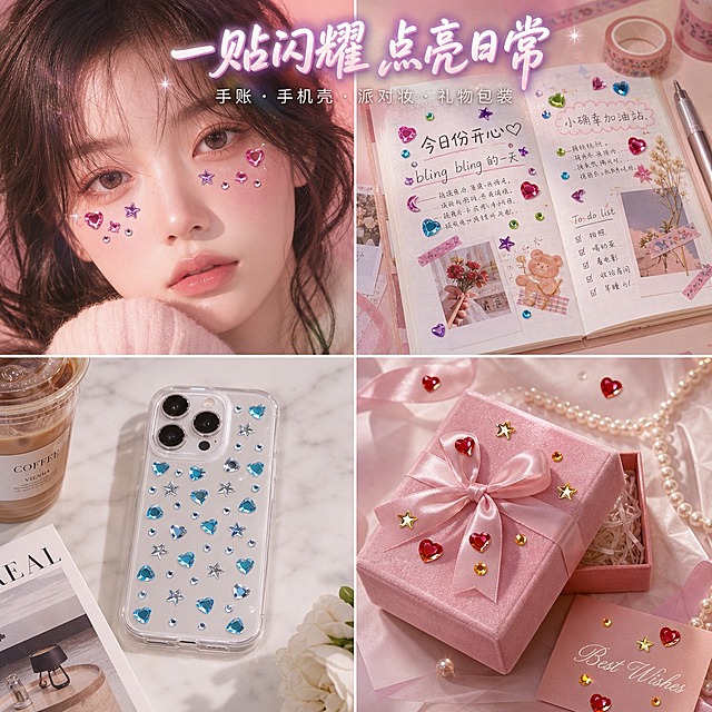 电商产品主图，1:1正方形构图。严格还原上传的亚克力宝石贴纸产品中钻饰的形状、颜色、光泽和立体厚度。画面采用四宫格等分布局，四个场景之间用细白色十字线分隔，整体为ins小红书网感时尚风格，高清实拍质感：左上格——00后女生面部特写，韩式伪素颜妆容，眼下和颧骨贴着粉色心形钻和紫色星星钻，慵懒微卷碎发，眼神慵懒看镜头，松弛感自拍，皮肤通透有光泽，背景虚化暖粉光晕；右上格——一本打开的手账本平铺俯拍，页面上有工整的手写日记文字（"今日份开心♡""bling bling 的一天"等网感短句），贴着彩色心形钻和五角星钻，旁边有干花、和纸胶带、拍立得小照片，手账旁放着一支银色钢笔；左下格——一只透明磨砂手机壳背面贴满蓝色心形钻和银色星星钻，旁边有冰美式咖啡和杂志，俯拍角度，桌面为奶白色大理石纹理；右下格——一个打开的粉色丝绒礼物盒，丝带和包装纸上点缀着金色星星钻和红色心形钻，旁边有珍珠项链和小卡片。所有场景中出现的钻饰都鲜亮饱和、通透明亮、高光闪耀，绝对不能发黑、发灰、发暗或暗沉。画面顶部横跨四宫格上方居中放置主标题"一贴闪耀 点亮日常"，采用纤细手写感气泡字体，白色带粉紫渐变，带薄阴影，时尚杂志感排版；主标题下方副标题"手账・手机壳・派对妆・礼物包装"，使用细体浅灰色无衬线字体，居中排列，简洁高级。整体风格为软萌少女风 + ins时尚风，暖调自然光，四个场景色调统一在粉紫甜美色系中，色调偏暖胶片感，网感十足，明亮干净，高级有美感。
