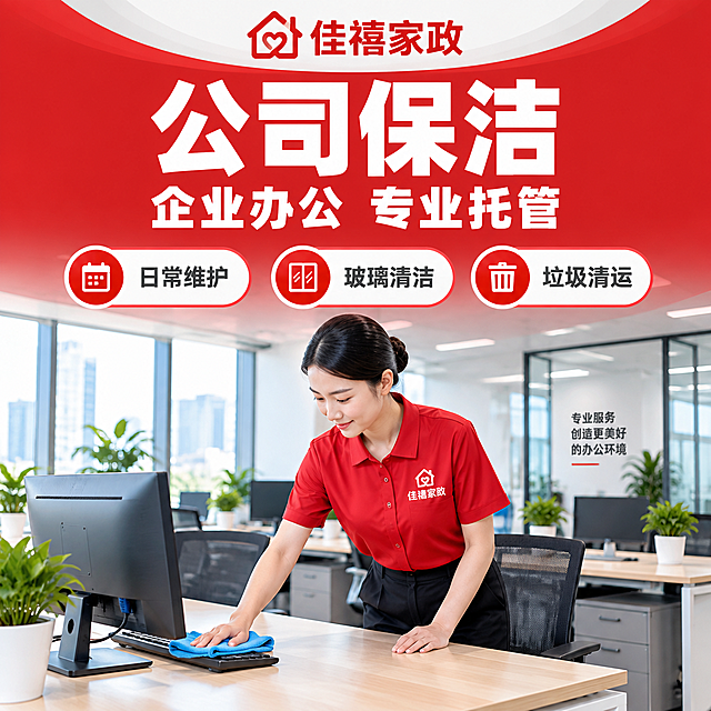 [主图-5] 公司保洁服务主题图，佳禧家政品牌。
[统一基调] 红色系品牌主视觉，主色为正红色搭配白色与浅灰色辅助色，字体为粗黑体无衬线，标题白色大字加粗，辅助文字深灰色，卡片用圆角矩形红色渐变边框，整体风格专业可信、干净整洁、家政服务感。
[画面] 画面下半部分展示现代办公室保洁场景，一位穿着佳禧家政红色工作服的保洁人员，正在整洁的开放式办公区擦拭办公桌和电脑设备，背景是明亮现代的写字楼办公室，玻璃隔断、办公桌椅、绿植点缀，体现企业办公环境保洁的专业服务。保洁人员动作轻盈利索，形象专业。画面上方留出文字区域。
[光影质感] 办公室自然光和室内灯光结合，光线明亮柔和，办公家具有自然反光，商业摄影质感，画面干净商务。
[配色] 主色调正红色，背景以办公室白色、浅木色和灰色为主，红色工作服和品牌色形成视觉焦点，整体红色系统一，体现专业企业服务。
[文字版式] 顶部居中放佳禧家政品牌Logo（红色佳禧家政字样）。主标题大字白色加粗居中："公司保洁"，副标题居中："企业办公 专业托管"。下方3个服务亮点图标加文字横向排列："日常维护" "玻璃清洁" "垃圾清运"。文字集中在画面上半部分，不遮挡主体人物。
[输出要求] 尺寸750*750，1:1方形，文字清晰可读，人物形象自然，画面干净专业，无变形错字，无水印，无平台Logo。