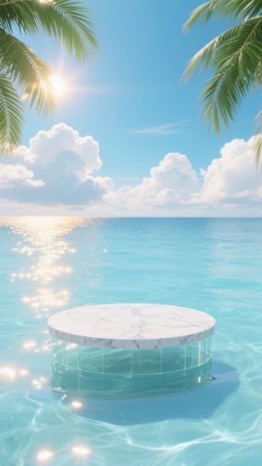 夏日主题3D渲染场景，清澈蔚蓝的天空中漂浮着蓬松的白色云朵，阳光透过云层洒下金色的光线，海面波光粼粼，呈现出透明的浅蓝色，水面上有明亮的光斑和涟漪。中央位置有一个圆形展台，展台底部为透明玻璃材质，顶部是白色大理石纹理的台面，展台周围是平静的海水。画面左右两侧有绿色的棕榈叶从上方垂下，整体风格清新明亮，充满夏日海滩的宁静与惬意氛围。预览效果