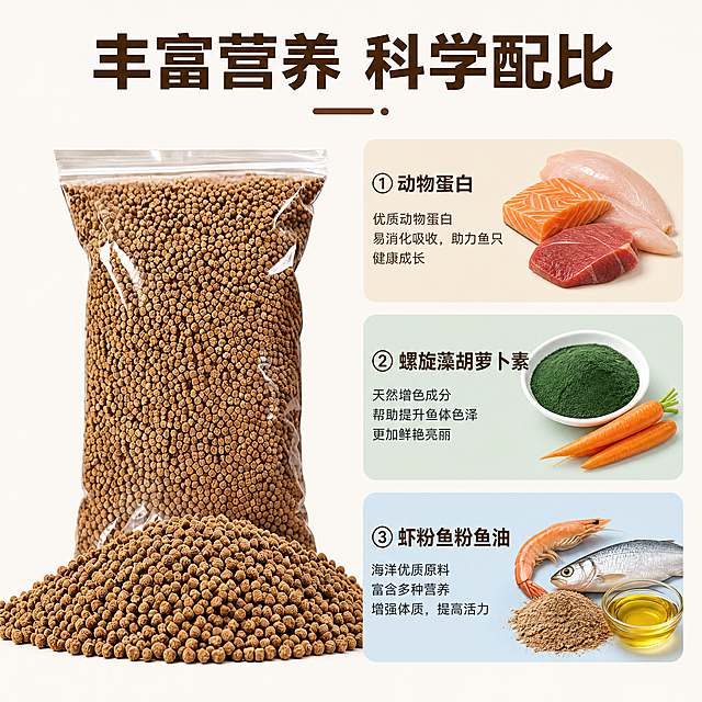[主图-2] 锦鲤鱼饲料核心卖点展示图。[氛围风格] 专业清晰功能展示风格；[画质] 商业摄影质感，光线柔和通透，产品清晰真实，画面干净高级。[元素] 左侧为锦鲤鱼饲料包装袋整体展示，右侧分三张小卡片展示核心成分，每张卡片放置对应原料示意，保持饲料产品外观与输入产品图绝对一致，杜绝任何变形和色差，精细化处理。画面布局清爽，信息层级清晰。[光影] 均匀柔和自然光，各个区域清晰展示，无明显阴影，保证文字和图片都清晰可读。[配色] 干净浅米白底，卡片用浅棕、浅绿、浅蓝区分，文字用深棕，对比清晰。[视角构图] 平视，卡片宫格排版，整体均衡协调。[文字版式] 顶部主标题 "丰富营养 科学配比" 大字居中，右侧三张卡片分别标注：① 动物蛋白 ② 螺旋藻胡萝卜素 ③ 虾粉鱼粉鱼油，大字标题配小字说明，排版整齐，不遮挡产品主体。[负向提示词] 变形，水印，文字错乱，产品图模糊，背景杂乱