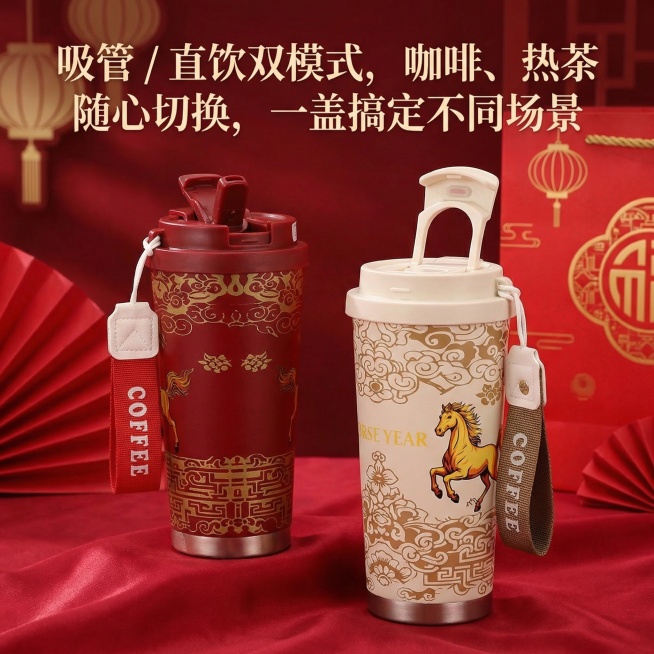 这是一款马年保温杯，换个背景，要红色主题，有新年的氛围感，背景虚化，背景要简约，不要花里胡哨，第一眼要先看到杯子，视觉中心是杯子，添加【吸管 / 直饮双模式，咖啡、热茶随心切换，一盖搞定不同场景】文字预览效果