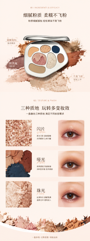参考长图详情页粉质展示风格，生成眼影成分功效板块，展示细腻粉质、软糯不飞粉特点，展示不同质地（闪片、哑光、珠光），文案分别表达不同质地的妆效，保留构图结构替换原来模板产品为本款七色眼影，整体暖棕浅色调预览效果