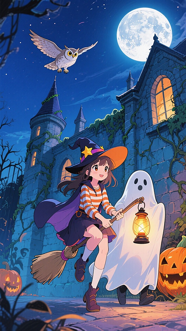 古堡前，骑扫帚的女巫（戴星星发箍）带着穿条纹衫的幽灵，搭配幽灵灯笼、猫头鹰、满月和藤蔓，万圣节氛围。