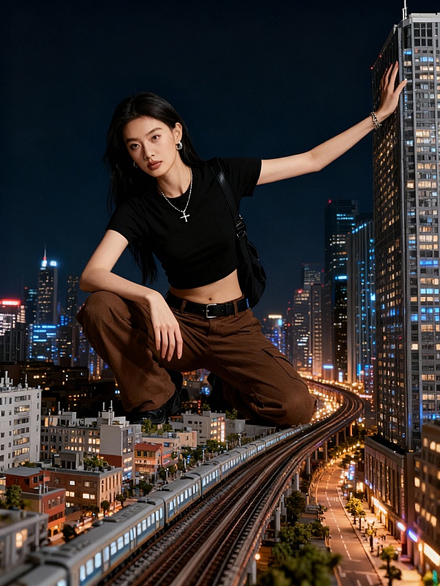 根据参考图巨物化，人物一只膝盖曲起，同侧手搭在膝盖上，另一只手搭在高楼上，夜晚的都市背景，高楼大厦灯火通明，轨道交通穿城而过。巨人与微缩城市之间形成极致的尺度对比，人物与建筑产生强烈视觉分离，奇幻的叙事与仰视的构图共同造就了这幅充满压迫感与戏剧张力的非凡影像。