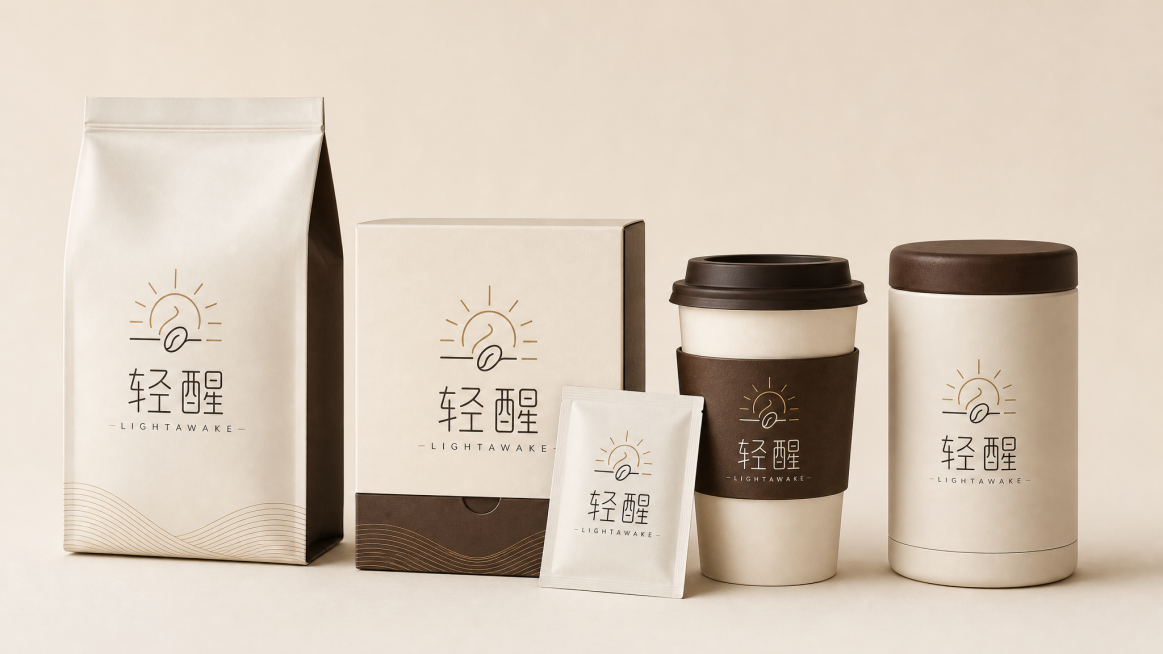 将多种轻醒咖啡用品包装整合到一张图里展示，包含咖啡豆袋、挂耳包、外带咖啡杯、随身咖啡罐，都贴上提供的品牌logo，保持浅米色和咖啡棕的简约统一风格，整套产品整齐排列，干净高级预览效果