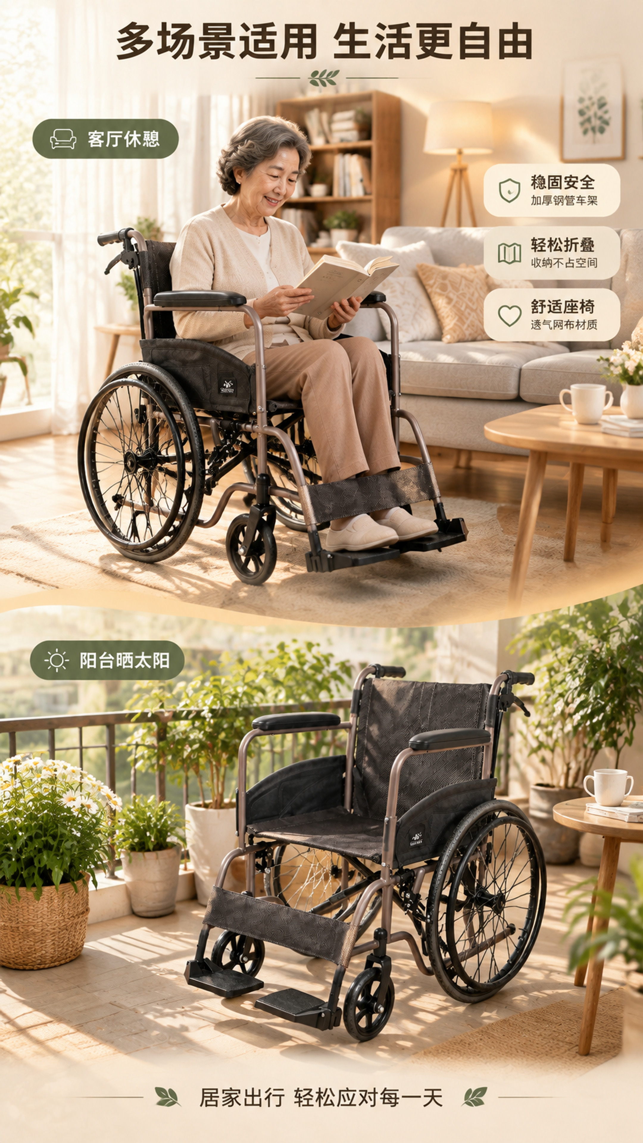 [商品] 使用【图1】咖色手动折叠轮椅；保留车架结构、网布座面… - 图片创意预览