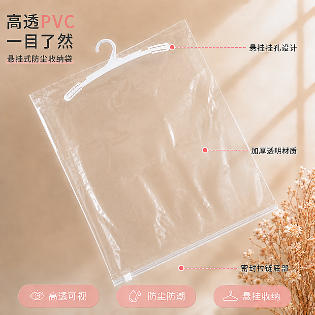 将第一张图片中的透明收纳袋，替换成第二张图片中真实袋子的质感和自然褶皱效果。用第二张真实袋子的外观（自然的褶皱、真实的PVC透明质感、衣架形状、底部拉链细节）替换第一张图中袋子的位置，保持第一张图中袋子的斜向角度和大小。

替换后的袋子要呈现真实自然的透明PVC质感，有轻微自然的褶皱（不是拉扯变形的那种，而是真实塑料袋自然悬挂的纹理），高透明、清澈通透，光影自然。

其他所有内容完全保持不变：白色塑料衣架（颜色改为第一张的纯白色）、左上角标题文字「高透PVC 一目了然」和副标题「悬挂式防尘收纳袋」、右侧三个引线标注（悬挂挂孔设计、加厚透明材质、密封拉链底部）、底部三个浅粉色圆角按钮（白色图标+白色文字）、右下角干花装饰、浅奶油色背景、暖调窗棂光影，全部不变。

光影融合：替换后的袋子光影要与第一张图的暖调柔光自然融合，透明材质有通透高光和环境折射，整体风格统一。

比例：1:1正方形，4K高清，商业摄影质感。

负向：袋子变形，拉扯痕迹，材质浑浊，水印，文字错乱，背景改变，干花消失。
