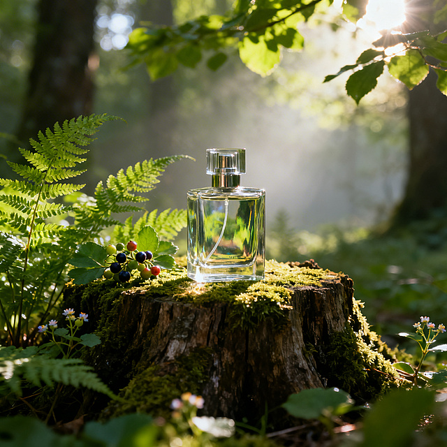 香水商品图，自然户外场景，透明香水瓶放置在森林深处的长满苔藓的树桩上，周围环绕着翠绿的蕨类植物和小朵的野生浆果，清晨的阳光穿过树叶的缝隙洒在香水瓶上，瓶身反射出自然的绿意，背景是朦胧的森林景象，整体氛围清新自然，突出产品清新的调性，香水作为视觉焦点