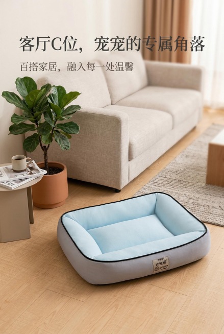 严格还原上传的宠物窝产品图，包括包装设计、颜色、LOGO位置、文字内容、图案元素等所有细节，产品放置在客厅浅木色地板上，搭配简约沙发和绿植，真实物理空间里与其他物体的大小关系视觉协调，比例保持1:1，预览效果
