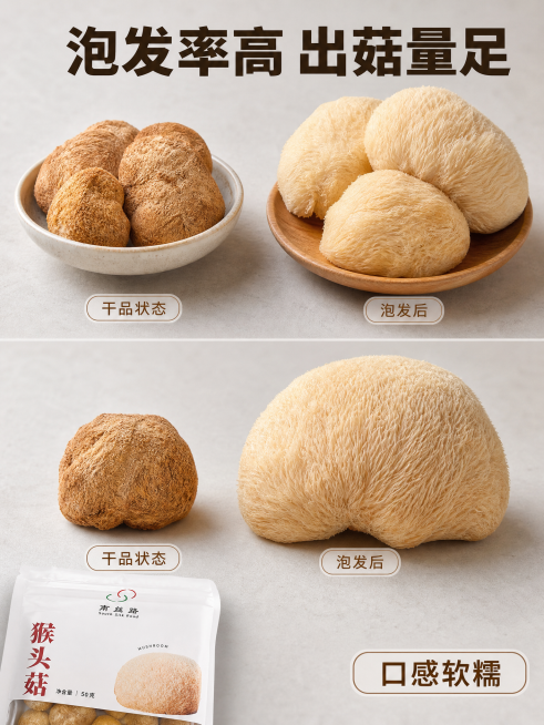[主图-3] 猴头菇泡发对比展示图，突出泡发率高核心卖点。[氛围风格] 真实对比展示，直观可信，自然清新风格。[画质] 商业食品摄影，两个场景光影统一，细节清晰锐化，画面干净高级。[画质] 商业摄影质预览效果
