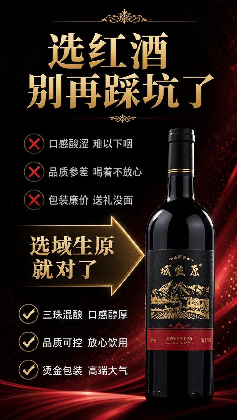 [商品] 使用【图1】域生原干红葡萄酒瓶身；保留黑色酒标金色烫… - 图片创意预览