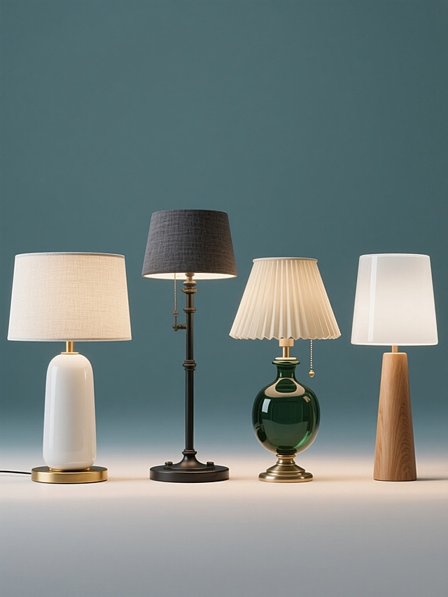 四个不同样式、不同配色、不同风格的台灯，每个台灯都具有清晰的3D渲染质感，光滑的表面处理，精确的光影效果，柔和的阴影投射于纯色背景上，整体排列整齐形成对称构图。第一个台灯采用现代简约风格，白色陶瓷灯座搭配金色金属底座和米白色布艺灯罩；第二个台灯为工业风设计，黑色金属支架配深灰色亚麻灯罩；第三个台灯是复古优雅风格，墨绿色玻璃灯座配奶油色褶皱灯罩；第四个台灯呈现北欧极简风格，原木色灯座配白色磨砂玻璃灯罩。所有台灯在纯色背景上保持统一的照明效果和产品展示感，突出各自独特的设计语言和材质质感。