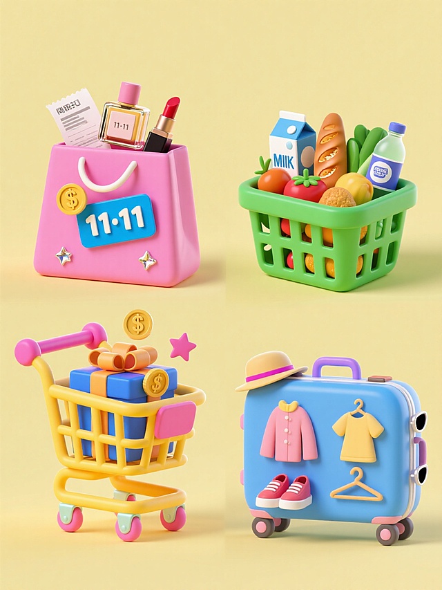 4个完全不同元素内容的商城系列素材集合，规整排布，每个素材均为3D立体卡通风格，纯色背景，高饱和度明亮色彩，圆润可爱造型，柔和阴影与高光表现。第一个素材：黄色购物车装满彩色礼物盒、星星、美元硬币和蓝色“11·11”卡片；第二个素材：粉色购物袋内有化妆品瓶罐、口红、香水、购物小票和闪亮饰品；第三个素材：绿色食品篮装有水果、蔬菜、牛奶盒、面包和饮料瓶；第四个素材：蓝色行李箱中露出服装、鞋子、帽子、太阳镜和衣架。所有元素保持统一的3D卡通质感、光影效果和构图风格，整体呈现欢快、活泼的购物氛围，适合商城促销宣传。