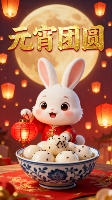 元宵节主题海报，画面有提着宫灯的可爱卡通玉兔，盛满芝麻元宵的青花碗，背景是漫天孔明灯，搭配烫金字体"元宵团圆"，传统喜庆风格预览效果