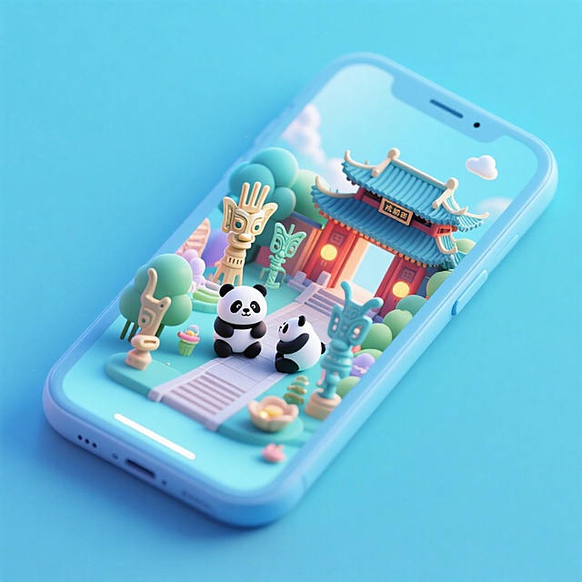 软3D风微缩艺术场景，熊猫与古风建筑萌趣互动，粘土质感营造梦幻清新感，节日氛围温馨可爱。