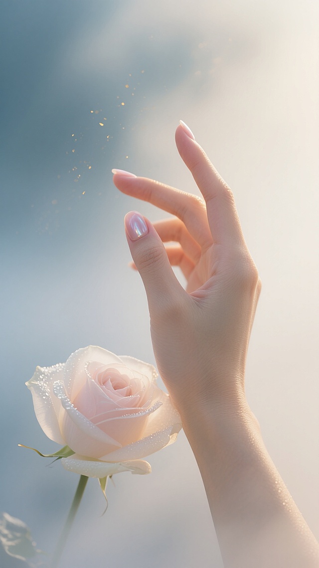 特写镜头，一只女性的手臂从朦胧的晨雾中优雅伸出，手部特写呈现出食指向上伸直、其他手指自然弯曲的经典姿态，修剪整齐的指甲泛着珍珠母贝般的自然粉色光泽，指尖轻触一朵半透明的晨露玫瑰花瓣，细腻光滑的浅米色皮肤在斜上方金色晨光的照射下，呈现出丝绸般的质感和微妙的明暗过渡，高光处泛着香槟色的光晕，背景是渐变的雾蓝与象牙白交织的朦胧空间，空气中悬浮着细小的金色尘埃，整体画面兼具极简美学与诗意氛围，通过晨露与肌肤的质感对比，凸显手部的优雅形态和细腻肌理。