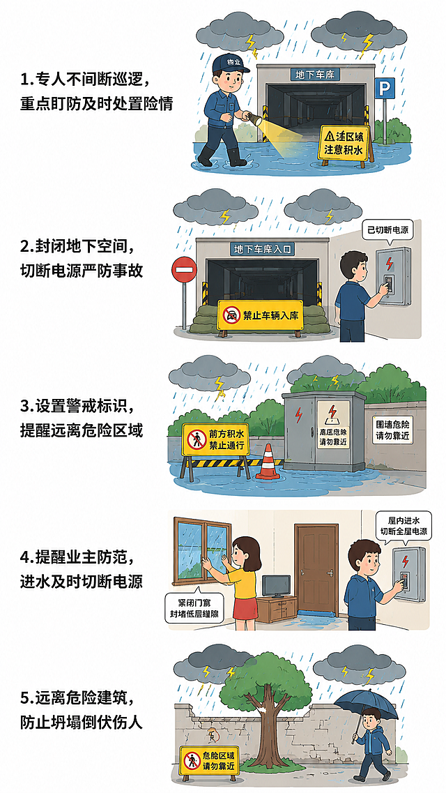 卡通矢量风格，白色背景，分为五个插画模块，内容为：
1. 第一个插画：物业工作人员冒暴雨不间断巡逻，盯防地下车库低洼区域处置积水，标题文字"1.专人不间断巡逻，重点盯防及时处置险情"
2. 第二个插画：地下车库入口布设防汛沙袋挡水设施，禁止车辆入库，封闭地下空间切断电源，标题文字"2.封闭地下空间，切断电源严防事故"
3. 第三个插画：积水路段设置警戒标识，提醒远离变电箱和围墙，禁止通行，标题文字"3.设置警戒标识，提醒远离危险区域"
4. 第四个插画：提醒业主紧闭门窗封堵低层缝隙，屋内进水切断全屋电源，标题文字"4.提醒业主防范，进水及时切断电源"
5. 第五个插画：提醒业主不要在围墙边大树下停留，严防坍塌倒伏，标题文字"5.远离危险建筑，防止坍塌倒伏伤人"
整体为暴雨过境应急管控安全知识插画，和参考图片相同的卡通扁平化风格，白色干净背景，每个插画配对应文字说明。