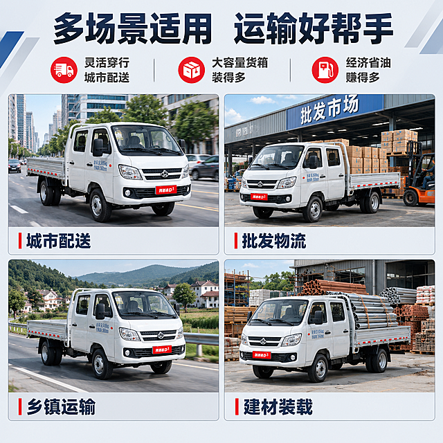 [主图-4] 多场景适用展示 城市物流运输应用场景
[统一基调] 整体风格为专业商用品质感 背景主色为浅灰渐变搭配工业蓝点缀 标题字色为深蓝黑色 辅助字色为深灰色 强调色为中国红 字体为粗黑体无衬线 字号层级分明 卡片样式为简洁直角矩形 整体满版高信息密度构图
[画面] 上部为大标题和2-3个短卖点 下部为4宫格场景图 每个宫格展示一个应用场景 分别为 1.城市街道配送场景 白色跨越者D3微卡在城市道路行驶 2.批发市场装卸货场景 车辆停在批发市场旁货箱装货 3.乡镇运输场景 车辆在乡镇道路行驶 4.建材五金运输场景 货箱装载建材货物 4个场景中的车辆外观均与输入图完全一致 白色车身 双排座舱 开放式货箱
[光影质感] 真实场景摄影质感 每个场景光线自然 车辆融入场景自然 无悬浮感 无硬切边缘 场景真实可信 整体色调统一
[配色] 背景浅灰 场景图为真实场景色调 标题深蓝黑 强调色中国红 宫格边框为浅灰色
[文字版式] 上部主标题"多场景适用 运输好帮手" 主标题下方3个短卖点"灵活穿行 城市配送""大容量货箱 装得多""经济省油 赚得多" 下部4宫格 每个宫格下方有场景名称标签 分别为"城市配送""批发物流""乡镇运输""建材装载" 文字横排 粗黑体 层级分明
[输出要求] 1:1比例 2048x2048像素 文字清晰可读 车辆在各场景中外观一致不变形 无错字 无水印 无平台Logo 无杂乱元素