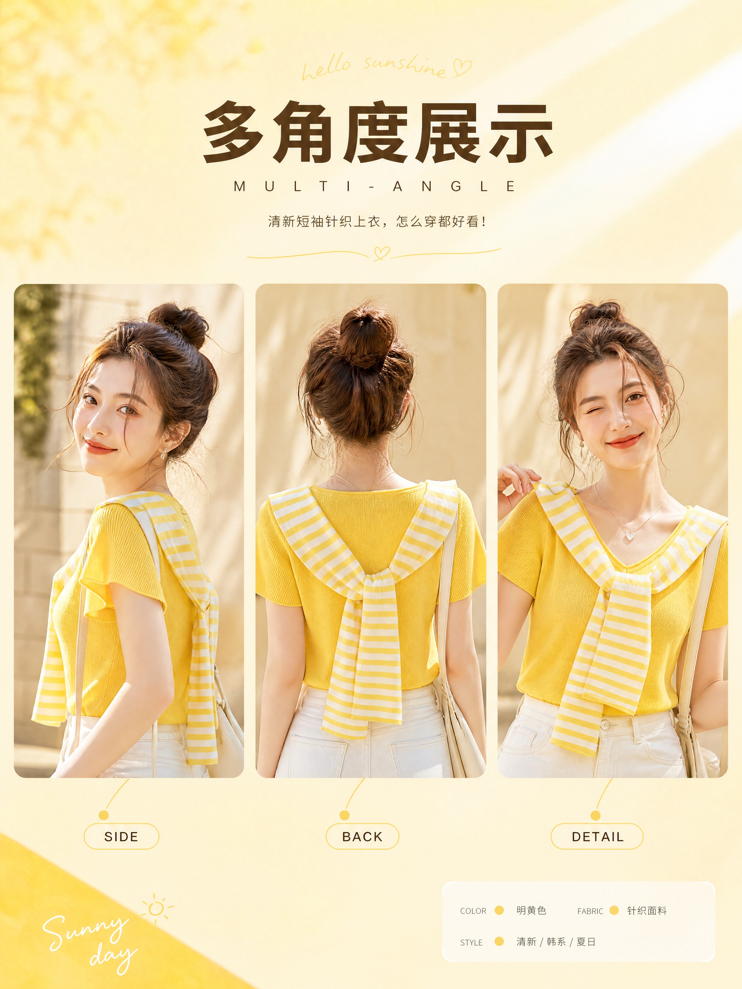 [商品] 使用【图1】黄色V领条纹飘带短袖针织上衣；商品处理：… - 图片创意预览