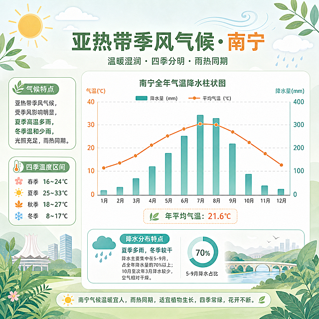 亚热带季风气候示意图，南宁全年气温降水柱状图，简约插画图表，标注年均温、四季温度区间和降水分布，添加阳光、绿植、微风元素，整体风格清新柔和，排版适合展板侧边小图，图文穿插