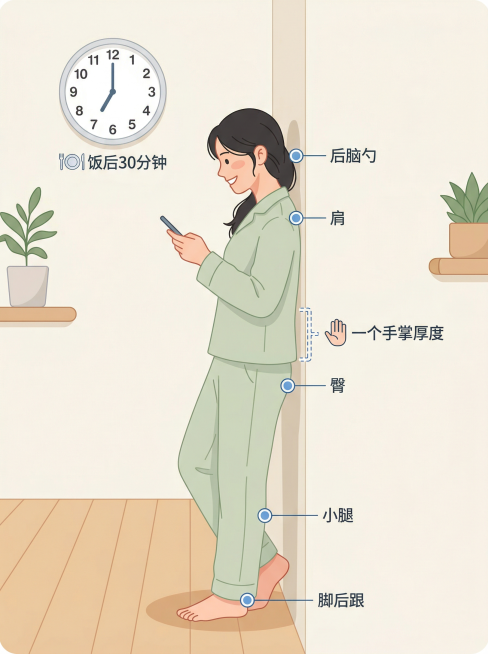 清新扁平风插画，年轻女性穿着家居服靠墙站立，后背贴墙，标注出后脑勺、肩、臀、小腿、脚后跟五点贴墙，腰部与墙之间保留一个手掌厚度的示意，墙上有小时钟显示饭后30分钟，女性面带微笑看着手机，色彩柔和，背景预览效果