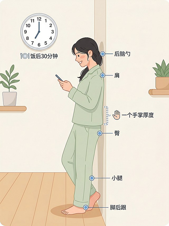 清新扁平风插画，年轻女性穿着家居服靠墙站立，后背贴墙，标注出后脑勺、肩、臀、小腿、脚后跟五点贴墙，腰部与墙之间保留一个手掌厚度的示意，墙上有小时钟显示饭后30分钟，女性面带微笑看着手机，色彩柔和，背景干净，线条简洁，营造轻松养生氛围