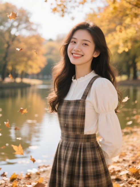 写实风格人像摄影，亚洲美女，长卷发，明亮有神的眼睛，自然微笑，白皙肌肤，穿着复古格纹背带裙搭配白色泡泡袖衬衫，站在秋日落叶纷飞的公园湖边，阳光透过树叶洒下斑驳光影，湖水呈现温暖的琥珀色调，整体氛围清新治愈，高清细腻质感，柔和自然光线，浅景深，突出主体人物。预览效果