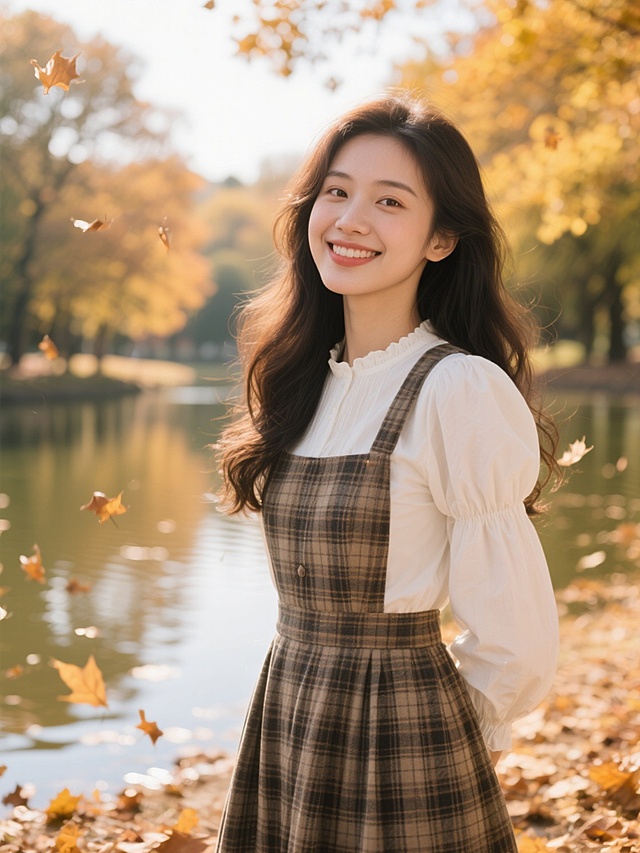 写实风格人像摄影，亚洲美女，长卷发，明亮有神的眼睛，自然微笑，白皙肌肤，穿着复古格纹背带裙搭配白色泡泡袖衬衫，站在秋日落叶纷飞的公园湖边，阳光透过树叶洒下斑驳光影，湖水呈现温暖的琥珀色调，整体氛围清新治愈，高清细腻质感，柔和自然光线，浅景深，突出主体人物。