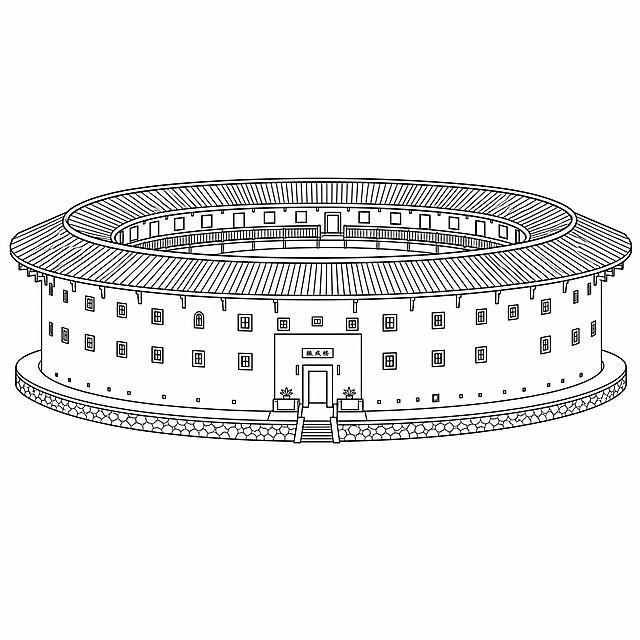 将参考图中的福建土楼建筑转换为简笔画风格的黑色纯线稿图，仅保留黑色线条轮廓，白色背景，无填充色，无阴影，无色彩，线条简洁流畅，清晰勾勒出土楼的圆形结构、瓦片屋顶、窗户、大门和石砌基座的轮廓，整体为干净的线稿插画风格