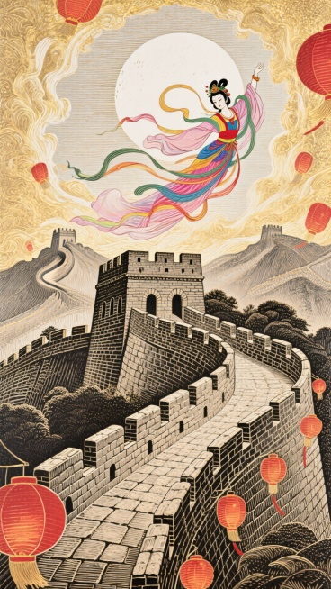 整体以长城为主体，嫦娥在长城上方飘着，一轮圆月在背景上空中间，喜庆的氛围预览效果