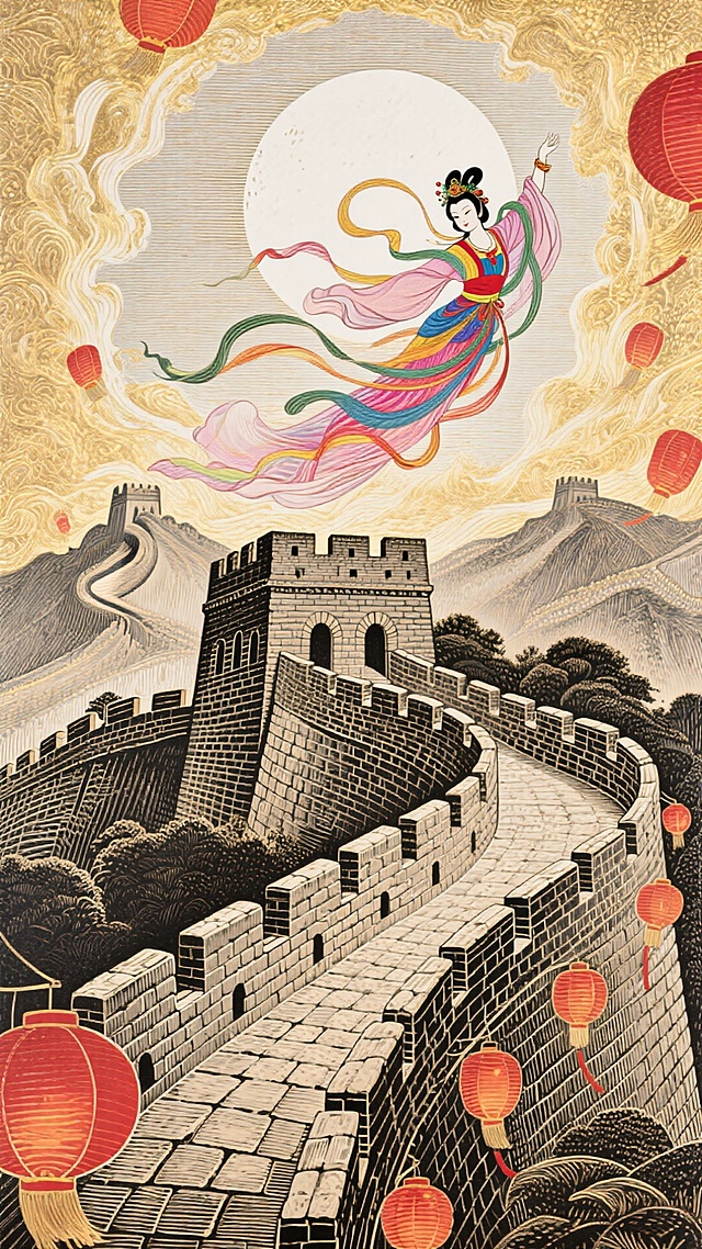整体以长城为主体，嫦娥在长城上方飘着，一轮圆月在背景上空中间，喜庆的氛围