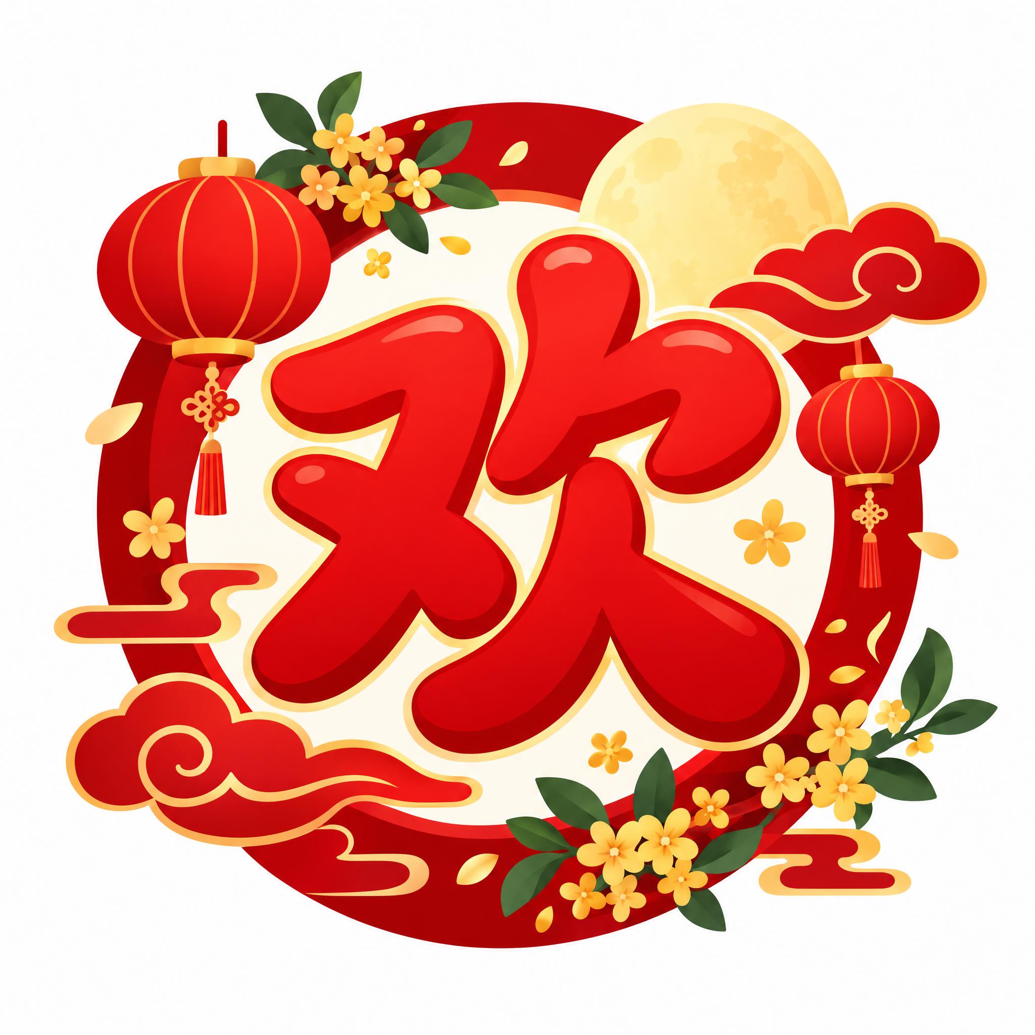 中秋节商城小图标，中心是一个大大的红色'欢'字，字体圆润饱满有… - 图片创意预览
