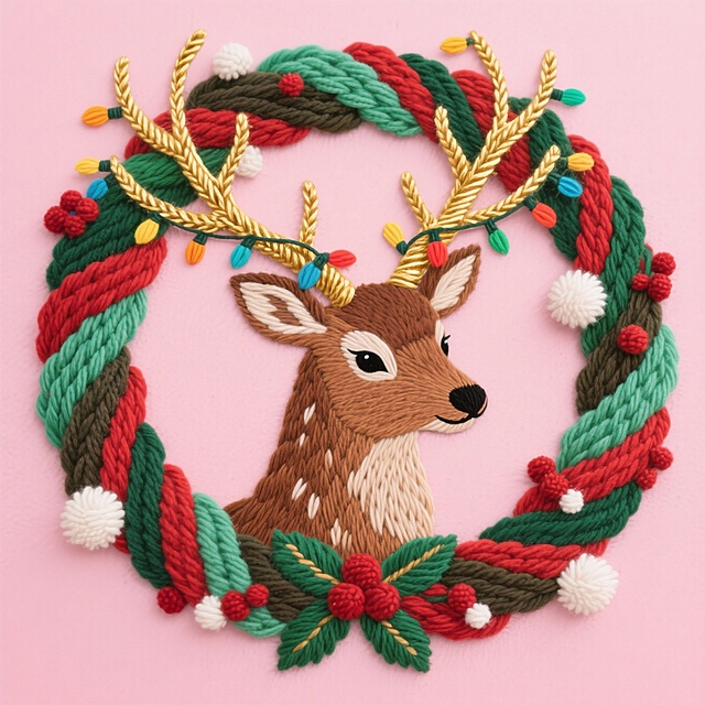 毛线绣的麋鹿花环